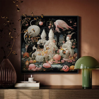 Triple Threat - Creepy Renaissance Art Print / Canvas Surreal Framed Artwork Whimsical Figures White Robes Surrounded Lowbrow Fantasy,
