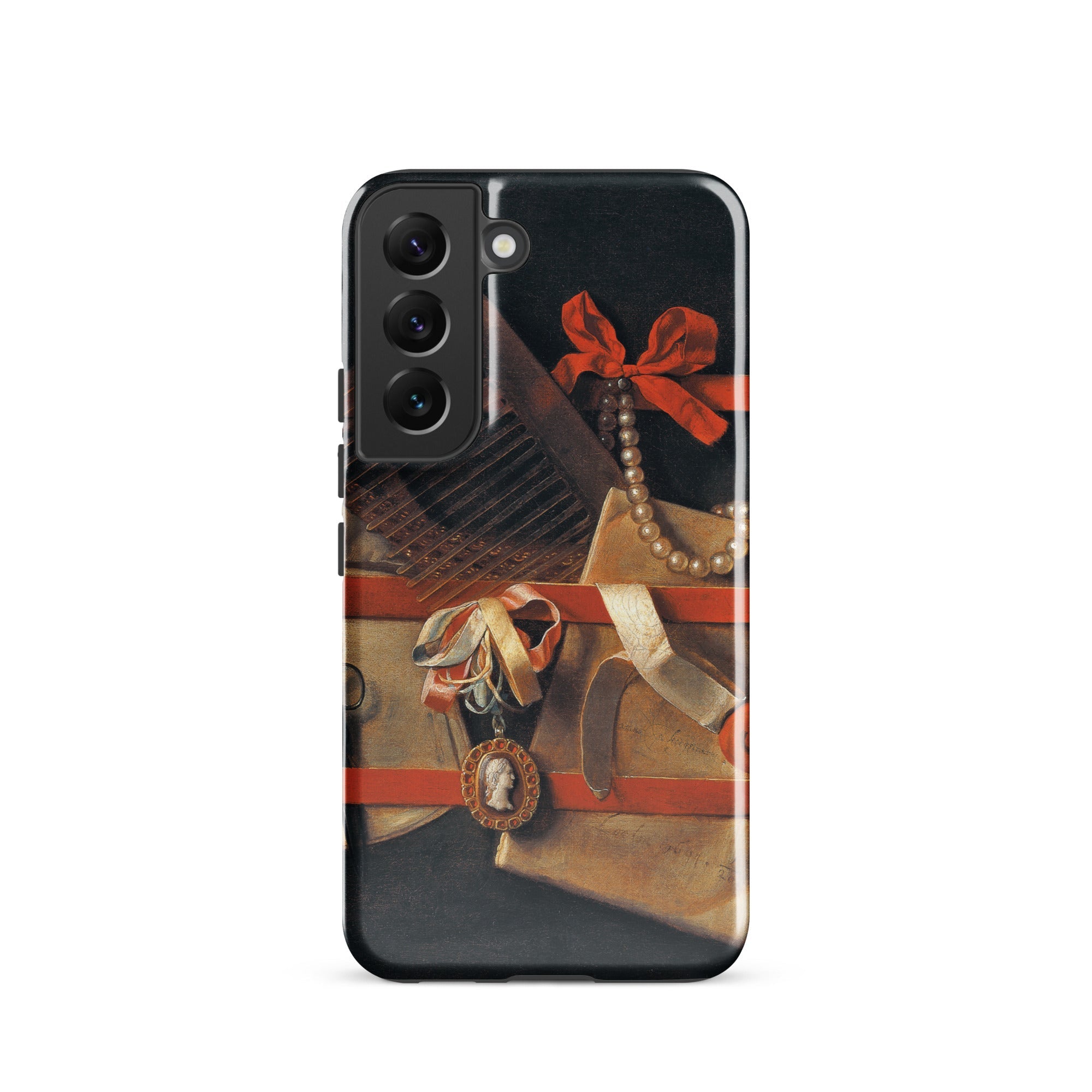 Tromp-l’oeil Still-life - Hoogstraeten Samsung Case, Galaxy S22 / Gloss, Black Smartphone Case Design Red Bow Pearls Medal