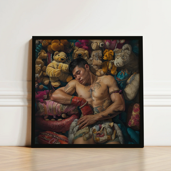 Black-framed Canvas Print Muscular Man Among Colorful Ornately Gaysian Lowbrow Queer, Homosexual Extravagance, Art