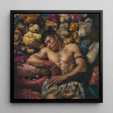 Tuckered out - Lowbrow Gaysian Circus Performer Art Print / Canvas Black-framed Square Muscular Man Among Colorful Queer, Homosexual