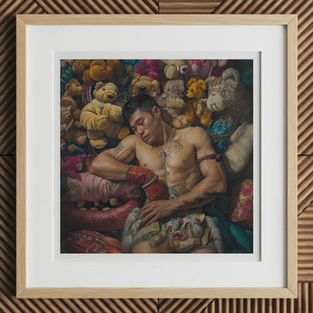 Tuckered out - Lowbrow Gaysian Circus Performer Art Print / Canvas Framed Muscular Man Among Plush Toys Queer, Homosexual Extravagance,