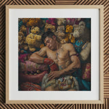Tuckered out - Lowbrow Gaysian Circus Performer Art Print / Canvas Framed Art Print Muscular Man Among Plush Toys Gaysian Lowbrow Queer,