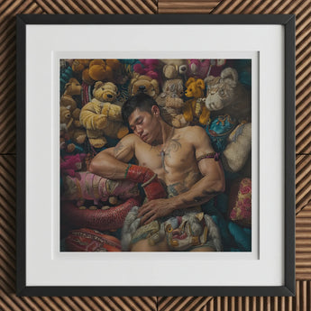 Tuckered out - Lowbrow Gaysian Circus Performer Art Print / Canvas Framed Painting Muscular Man Possibly Fighter Amidst Pile Queer,