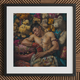 Tuckered out - Lowbrow Gaysian Circus Performer Art Print / Canvas Framed Painting Muscular Man Possibly Fighter Amidst Pile Gaysian