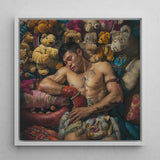 Tuckered out - Lowbrow Gaysian Circus Performer Art Print / Canvas Framed Painting Muscular Man Tattoos Among Colorful Ornate Queer,