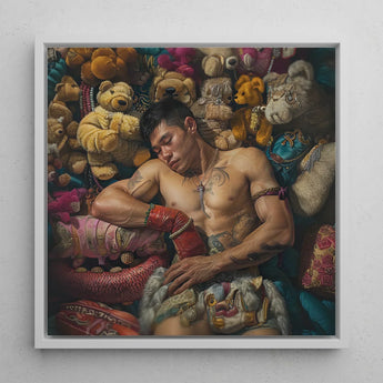 Tuckered out - Lowbrow Gaysian Circus Performer Art Print / Canvas Framed Painting Muscular Man Tattoos Among Colorful Ornate Queer,