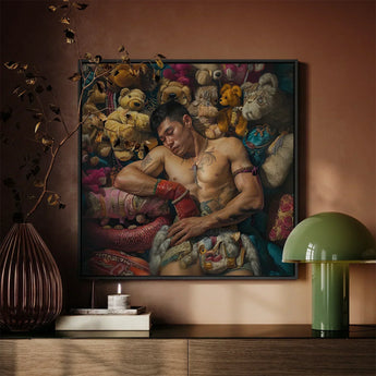 Tuckered out - Lowbrow Gaysian Circus Performer Art Print / Canvas Framed Painting Muscular Man Tattoos Among Colorful Queer, Homosexual