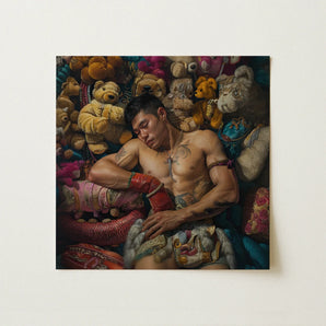 Tuckered out - Lowbrow Gaysian Circus Performer Art Print / Canvas Hyperrealistic Painting Muscular Man Tattoos Red Gloves Ornate Gaysian