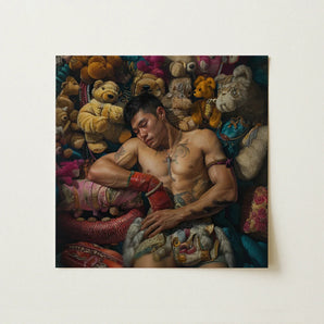 Tuckered out - Lowbrow Gaysian Circus Performer Art Print / Canvas Hyperrealistic Painting Muscular Man Tattoos Red Gloves Ornate Queer,