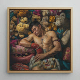 Tuckered out - Lowbrow Gaysian Circus Performer Art Print / Canvas Square-framed Painting Muscular Man Tattoos Among Colorful Plush Queer,