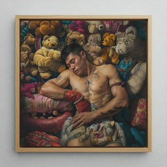 Tuckered out - Lowbrow Gaysian Circus Performer Art Print / Canvas Square-framed Painting Muscular Man Tattoos Among Colorful Plush Queer,