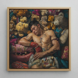 Tuckered out - Lowbrow Gaysian Circus Performer Art Print / Canvas Square-framed Painting Muscular Man Tattoos Among Colorful Plush Gaysian