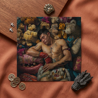 Tuckered out - Lowbrow Gaysian Circus Performer Art Print / Canvas Square Art Print Muscular Man Tattoos Among Colorful Gaysian Lowbrow