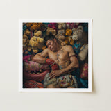 Tuckered out - Lowbrow Gaysian Circus Performer Art Print / Canvas Framed Painting Muscular Man Among Colorful Plush Stuffed Queer,