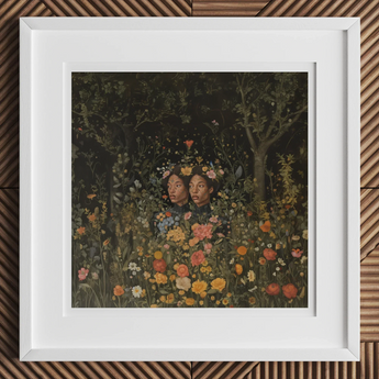 Tuned in - Black Transgender Twins Art Print, 12x12’’ / 31x31cm / White Frame / 2’’ Matboard, Framed Artwork Two Figures Surrounded
