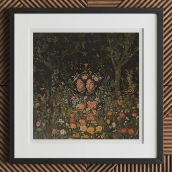 Tuned in - Black Transgender Twins Art Print / Canvas Black-framed Square Lush Colorful Floral Scene Girl Magic, Ethereal Twin, Prints