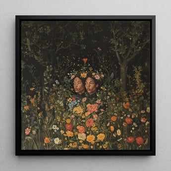 Tuned in - Black Transgender Twins Art Print / Canvas Black-framed Square Lush Darkly Lit Floral Girl Magic, Ethereal Twin, Prints