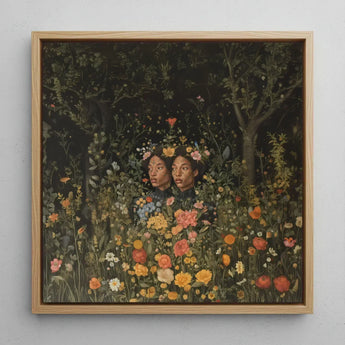 Tuned in - Black Transgender Twins Art Print / Canvas Square-framed Artwork Two Figures Surrounded Dense Colorful Floral Girl Magic,