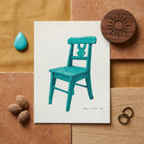 Turquoise Chair - Majel G. Claflin Decorative Art Print / Canvas Turquoise-painted Wooden Illustration Carved Backrest White Paper Decor,