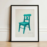 Turquoise Chair - Majel G. Claflin Decorative Art Print / Canvas Vibrant Teal Wooden Illustration Black Frame White Decor, Prints