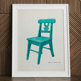 Turquoise Chair - Majel G. Claflin Decorative Art Print / Canvas Vibrant Wooden Carved Backrest Depicted Artistic Decor, Prints