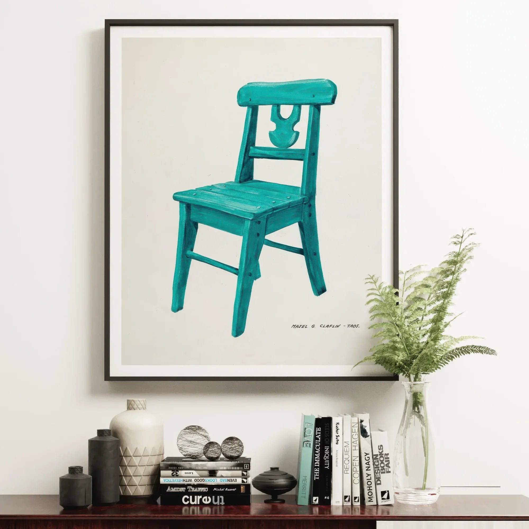 Turquoise Chair - Majel G. Claflin Decorative Art Print, Turquoise Wooden Chair Decorative Framed Artwork