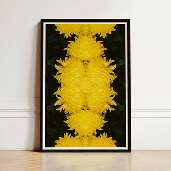 Framed Artwork Symmetrical Kaleidoscopic Pattern Vibrant Yellow Chrysanthemums Chrysanthemum Floral Photography, Botanical Dreamscape, Art
