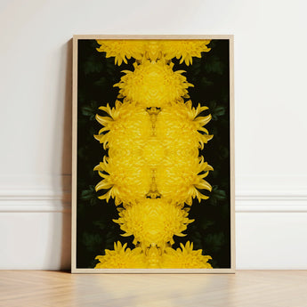Framed Artwork Symmetrical Kaleidoscopic Pattern Vibrant Yellow Chrysanthemums Chrysanthemum Floral Photography, Botanical Dreamscape, Art
