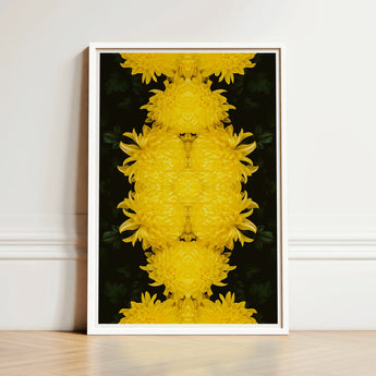 Framed Artwork Symmetrical Kaleidoscopic Pattern Vibrant Yellow Chrysanthemums Chrysanthemum Floral Photography, Botanical Dreamscape, Art
