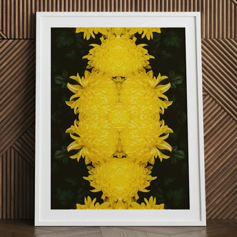 Tweedledee - Golden Chrysanthemum Op Art Print / Canvas Framed Artwork Symmetrical Vibrant Yellow Pattern Dark Floral Photography,