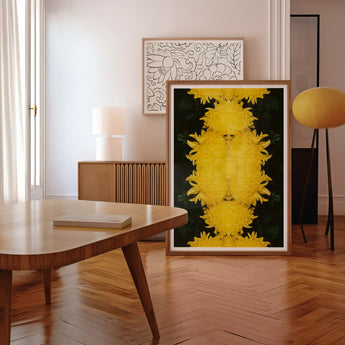 Tweedledee - Golden Chrysanthemum Op Art Print / Canvas Framed Artwork Vibrant Yellow Symmetrical Pattern Dark Background Chrysanthemum