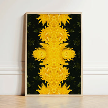 Framed Artwork Symmetrical Kaleidoscopic Pattern Vibrant Yellow Chrysanthemums Avant-garde Chrysanthemum Print, Golden Blooms Pirouette,
