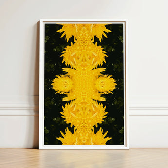 Framed Artwork Symmetrical Kaleidoscopic Pattern Vibrant Yellow Flowers Avant-garde Chrysanthemum Print, Golden Blooms Pirouette,