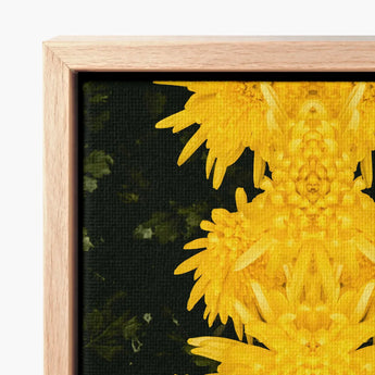 Vibrant Yellow Floral Canvas Print Symmetrical Mirrored Design Avant-garde Chrysanthemum, Golden Blooms Pirouette, Photography Op Art