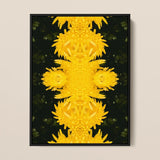 Tweedledum - Chrysanthemum Op Art Print / Canvas Vibrant Yellow Floral Artwork Sleek Black Frame Avant-garde, Golden Blooms Pirouette,