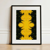Tweedledum - Chrysanthemum Op Art Print / Canvas Vibrant Yellow Floral Mandala Sleek Black Frame Avant-garde, Golden Blooms Pirouette,