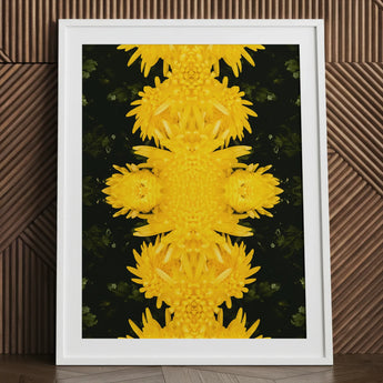 Tweedledum - Chrysanthemum Op Art Print / Canvas White-framed Symmetrical Kaleidoscopic Pattern Vibrant Yellow Avant-garde, Golden Blooms