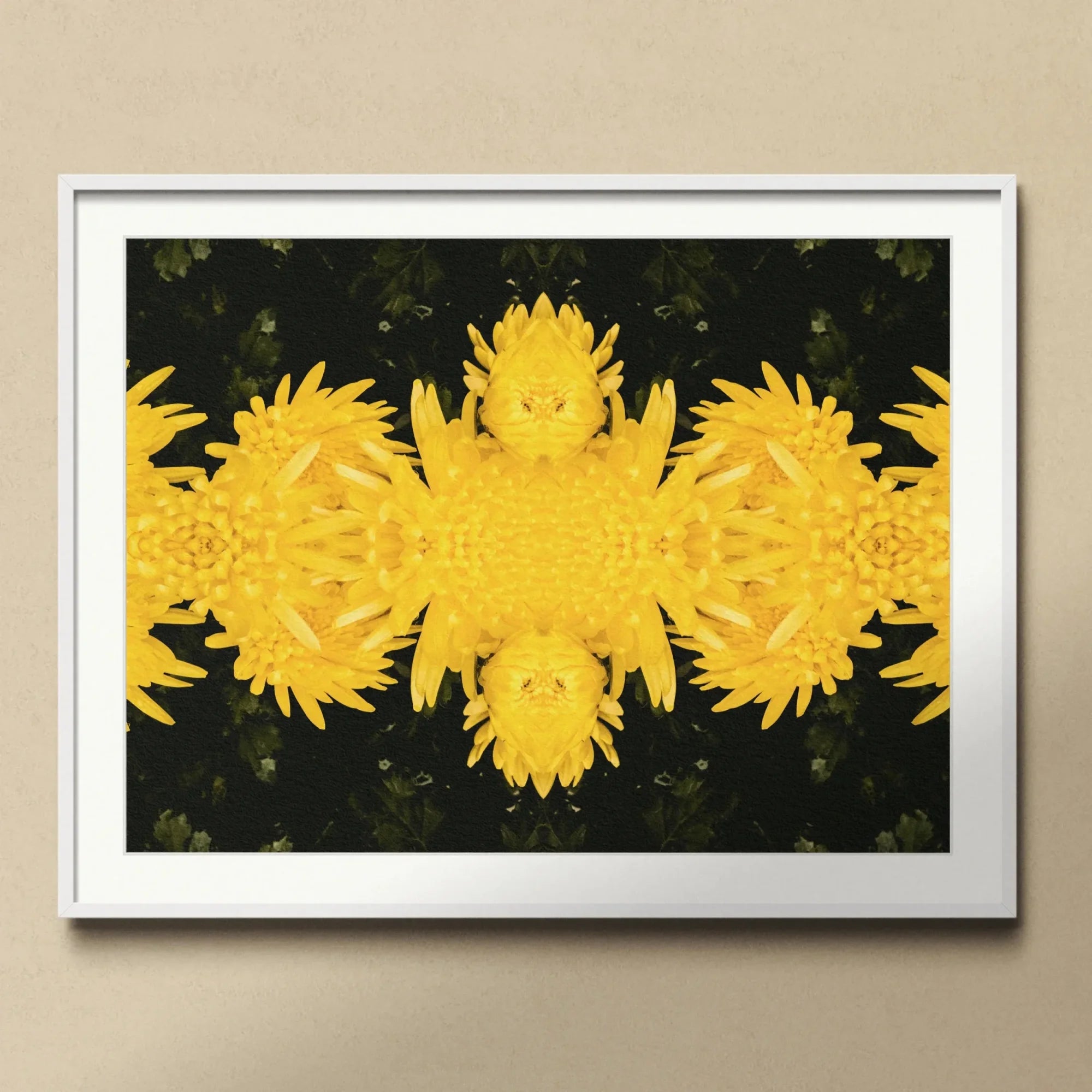 Tweedledum - Chrysanthemum Op Art Print, Kaleidoscopic Pattern Bright Yellow Dandelion Flowers Arranged Symmetrical