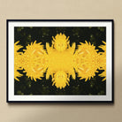 Tweedledum - Chrysanthemum Op Art Print, Kaleidoscopic Pattern Bright Yellow Dandelions Arranged Symmetrical Cross