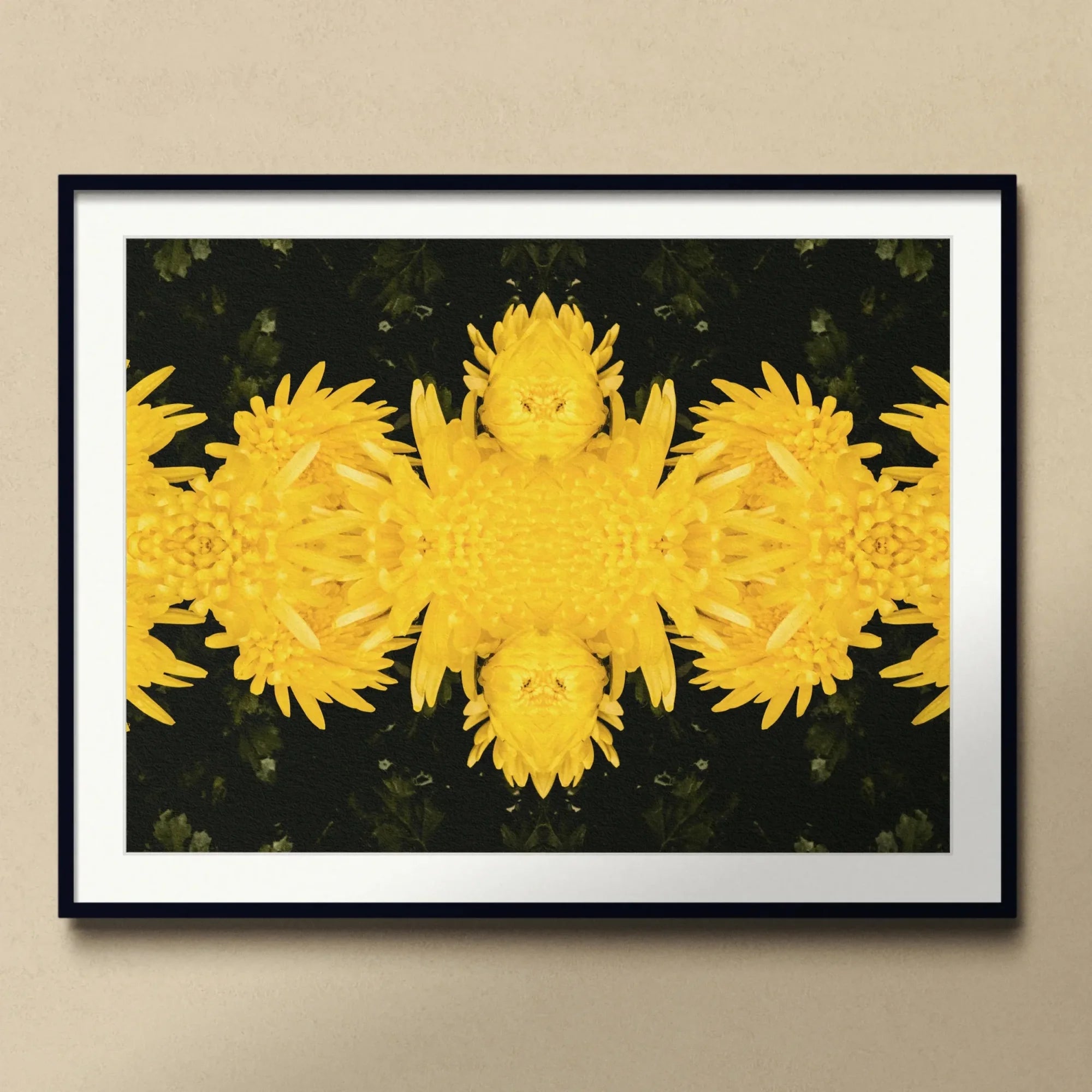 Tweedledum - Chrysanthemum Op Art Print, Kaleidoscopic Pattern Bright Yellow Dandelions Arranged Symmetrical Cross