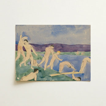 Twelve Nude Boys at the Beach - Charles Demuth Fine Art Print / Canvas Watercolor Painting Figures Pool Rendered Soft Blues Pale Emerge,