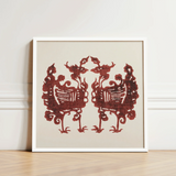 Framed Artwork Symmetrical Intricate Red Silhouette Two Stylized Taguchi Tomoki’s Yatsuo, Tsubaki Woodblock Print, Tomoki Avian