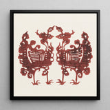 Twin Flame Phoenix - Taguchi Tomoki Art Print / Canvas Framed Artwork Two Symmetrical Ornate Red Paper-cut Figures Tomoki’s Yatsuo, Tsubaki