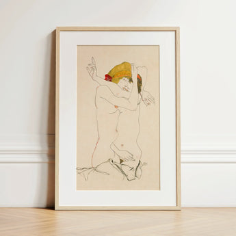 Two Nude Women Embracing - Egon Schiele Art Print / Canvas, 12x18’’ / 31x46cm / Natural Frame / Matboard, Posters Prints & Visual Artwork,
