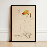 Black-framed Art Print Stylized Nude Figure Expressive Pose Egon Schiele’s Provocative World, Tantalizing, Women Embracing
