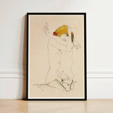 Black-framed Art Print Stylized Nude Figure Expressive Pose Egon Schiele’s Provocative World, Tantalizing, Women Embracing