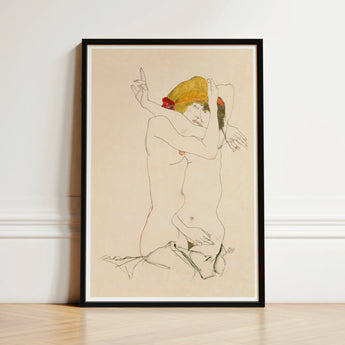 Black-framed Art Print Stylized Nude Figure Expressive Pose Egon Schiele’s Provocative World, Tantalizing, Women Embracing