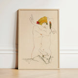 Framed Artwork Stylized Nude Figure Expressive Pose Bold Egon Schiele’s Provocative World, Tantalizing Art Print, Women Embracing