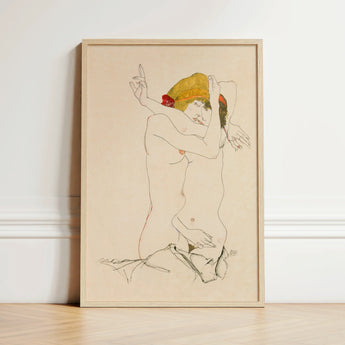 Framed Artwork Stylized Nude Figure Expressive Pose Bold Egon Schiele’s Provocative World, Tantalizing Art Print, Women Embracing
