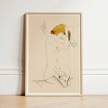 Framed Art Print Stylized Nude Figure Expressive Pose Egon Schiele’s Provocative World, Tantalizing, Women Embracing